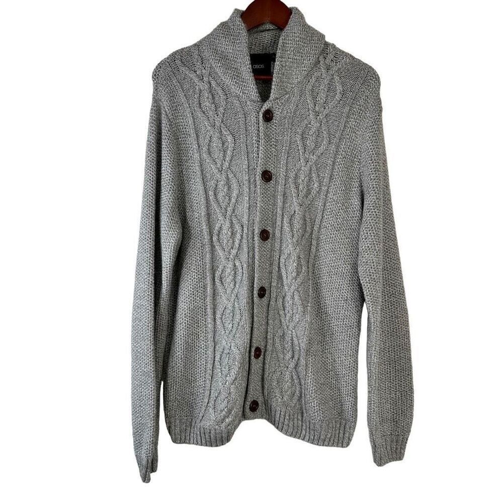 Asos Gray Fisherman Knit Button Front Cardigan Sweater Mens Medium Cozy‎ Casual